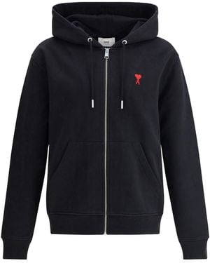Ami Paris Logoed Hoodie Cotton Sweatshirts - Blue