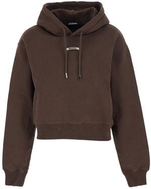 Jacquemus Le Hoodie Gros Grain Cropped Hoodie With Drawstring Hood And Logo Patch On The Front - Brown