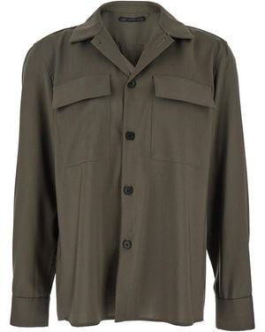 Low Brand Shirt With Classic Collar And Applied Pockets On The Front - Green
