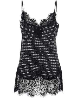 Gold Hawk V-Neck Top With All-Over Print And Lace Details - Black