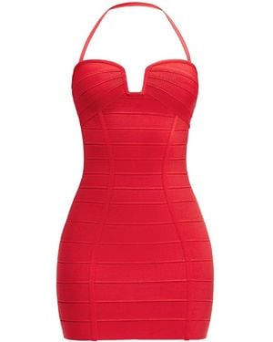 Hervé Léger The Holly Chili Bandage Knit Mini Dress With Halterneck Strap And Square Neckline - Red