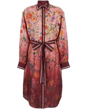 Gucci Bordeaux Gradient Dress With Removable Belt And All-Over Flora Print - Red