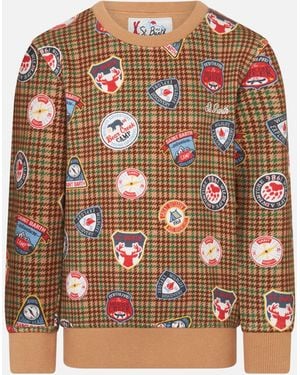 MC2 Saint Barth Boy Crewneck Sweatshirt With Patches And Pied De Poule Print - Brown