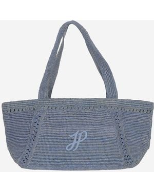 Patou Large Raffia Bag With Logo Shoulder - Blue
