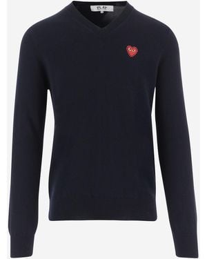 COMME DES GARÇONS PLAY Wool V-Neck Jumper With Logo - Blue