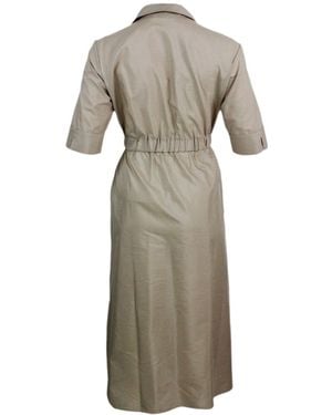 Barba Napoli Long Dress Made Of Cotton With Short Sleeves, With Elastic Waist And Button Closure. Welt Pockets - Natural