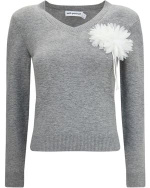 Self-Portrait Wool And Cashmere Blend Sweater With Floral Corsage - Gray