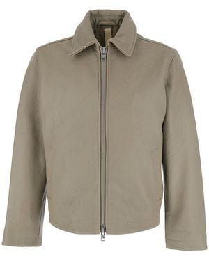 sunflower Leather Crop Jacket With Classic Collar And Dropped Shoulders For Outerwear - Natural