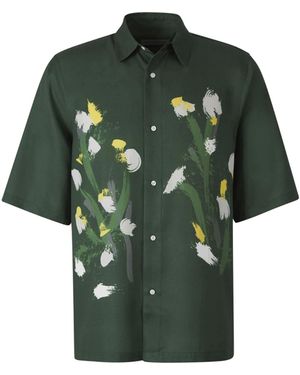 Officine Generale Short-Sleeved Satin Shirt With Watercolour Floral Motif - Green