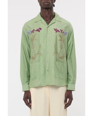 BAZISZT Chemise Ming Broderie Florale Col Camp Vert Clair Shirt - Green