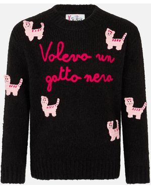 MC2 Saint Barth Girl Crewneck Soft Jumper With Cats Crochet Patch And Volevo Un Gatto Nero Embroidery - Black