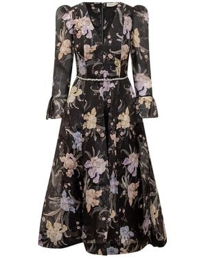 Zimmermann Floral Linen-Silk Midi Dress - Black