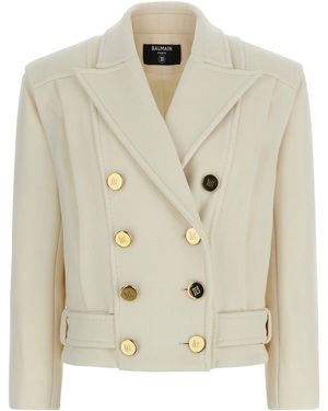 Balmain Double-Breasted Wool Blend Blazer - Natural