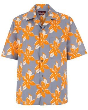 Gucci Bowling Shirt With Cuban Collar And All-Over Floral Print - Orange