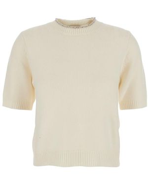 Semicouture Pullover With Applied Rhinestones And Ribbed Details - White