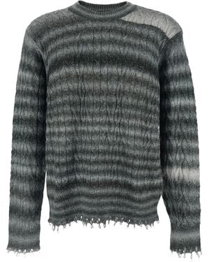 Won Hundred Crewneck Sweater With Fringed Hem And All-Over Striped Motif - Gray