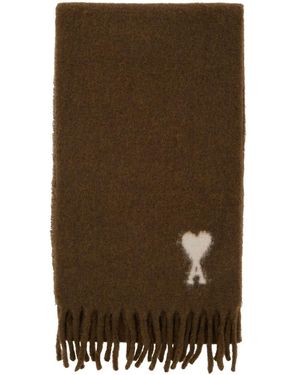 Ami Paris Scarf With Adc Embroidery On The Front And Fringed Hem - Brown