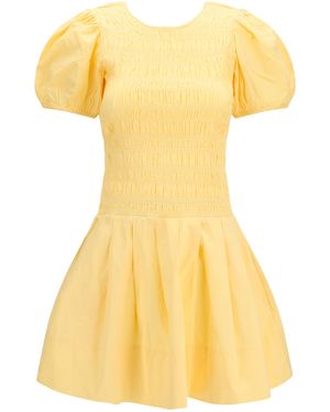 Ganni Stretch Cotton Mini Dress With Balloon Sleeves Cotton; Elastane - Yellow