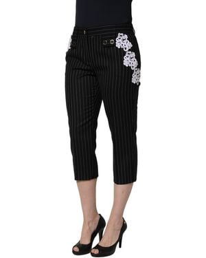 Dolce & Gabbana Lace Applique Pinstripe Cropped Pants Wool Polyester - Black