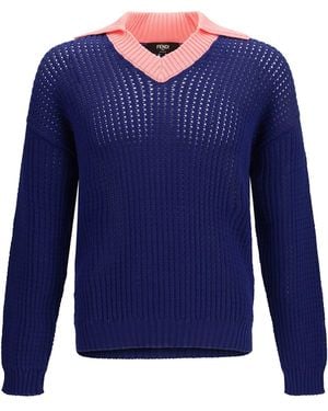 Fendi Ribbed V-Neck Jumper With Ff Motif - Blue