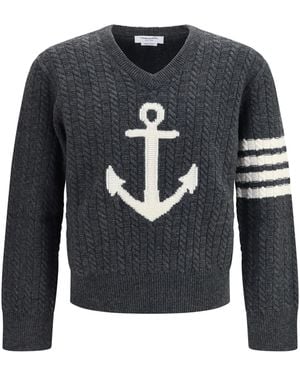 Thom Browne 4-Bar Merino Wool Sweater With Anchor Motif Ovis Aries - Gray
