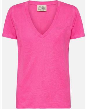 MC2 Saint Barth Linen Jersey Fluo V-Neck T-Shirt Eloise - Pink