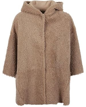 Enes Suede Leather Poncho Jacket With Buttoned Sleeves - Brown