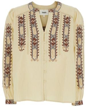 Ba&sh Blouse 'Faustina' With Long Sleeves And Linen Details - Natural