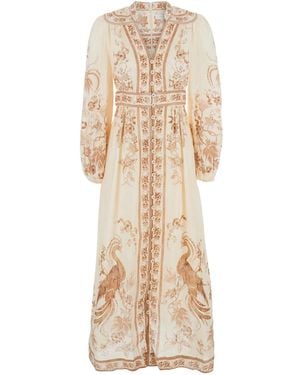 Zimmermann Indra Plunge Midi Dress With V-Neck And Long Sleeves Multicoloured Linen For - Natural