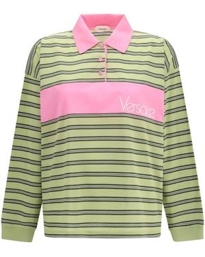Versace Striped Intarsia Cotton Polo With Embroidered Logo Shirts - Green