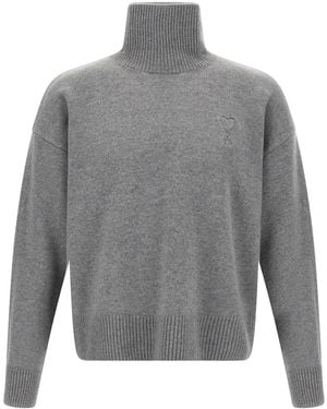 Ami Paris Puff Logo Turtleneck Sweater - Gray