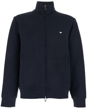 Emporio Armani High Neck Sweatshirt With Logo Embroidery On The Front And Zip Closure - Blue