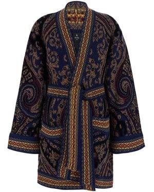 Etro Cardigan Belted Wool Tops - Blue