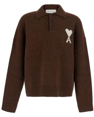 Ami Paris Wool Polo Sweater - Brown