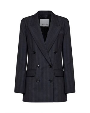Isabel Marant Dark Anthracite Check Stretch Wool Jevima Double-Breasted Blazer - Blue