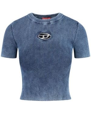 DIESEL Ribbed Short-Sleeve T-Shirt With Metallic Logo Detail - Blue