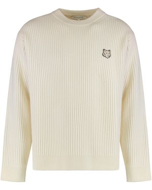 Maison Kitsuné Ribbed Wool Sweater With Fox Patch Sweatshirts - White