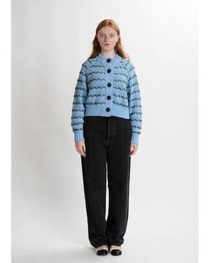 B.B. Wallace Cardigan Sherman Rayures Contrastantes Laine Bleu Vert Jumper - Blue