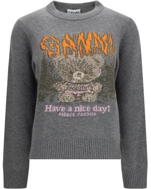 Ganni Teddy Wool Crewneck Sweater - Gray