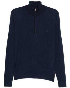 Etro Wool And Silk Blend Half-Zip Jumper With Logo Embroidery - Blue