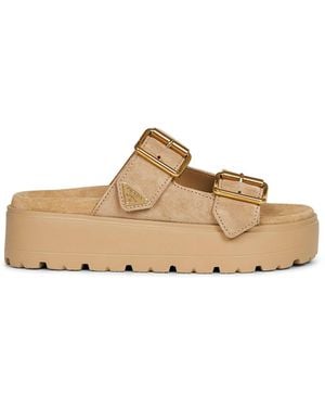 Prada Calzature Ecru Suede Leather Double-Strap Sandals - Natural