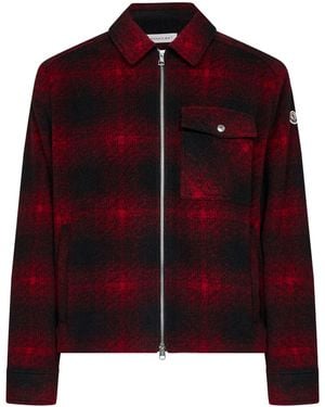 Moncler Zip-Up Overshirt Check Wool-Blend Polyester Shirt - Red