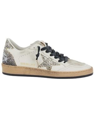 Golden Goose Ballstar Low Top Trainers With Glittered Star Patch On The Side And Glittered Heel With Logo Lettering - White
