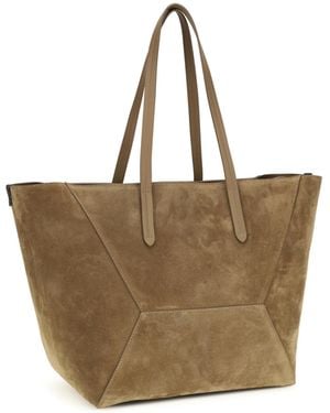 Brunello Cucinelli Suede Tote Bag Bc Calf Leather Shoulder - Brown