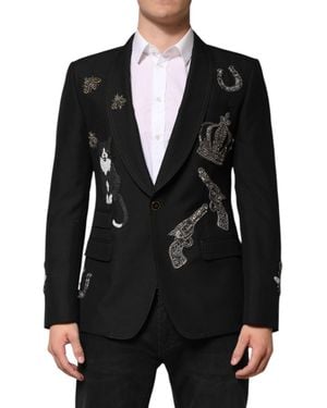 Dolce & Gabbana Black Bee Crown Embellished Suit Coat Blazer