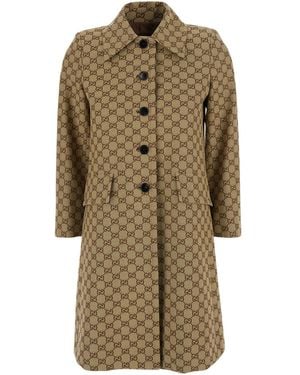 Gucci Coat Gg Canvas With Pointed Collar - Natural