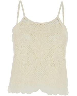 Twinset Round Neck Top With Lace Design - Natural