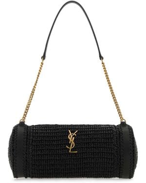 Saint Laurent Raffia And Leather Cassandre Shoulder Bag - Black