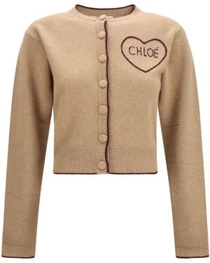 Chloé Fitted Logo Cardigan Wool And Cashmere - Natural