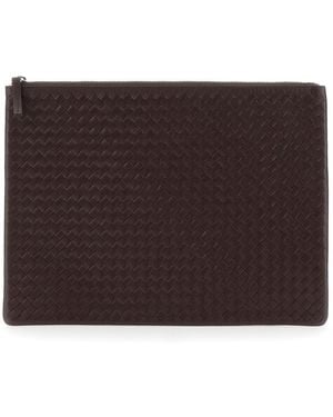 Dragon Diffusion Leather Woven Design Clutch With Top Zip Closure For Calf Clutches And Pochettes - Brown